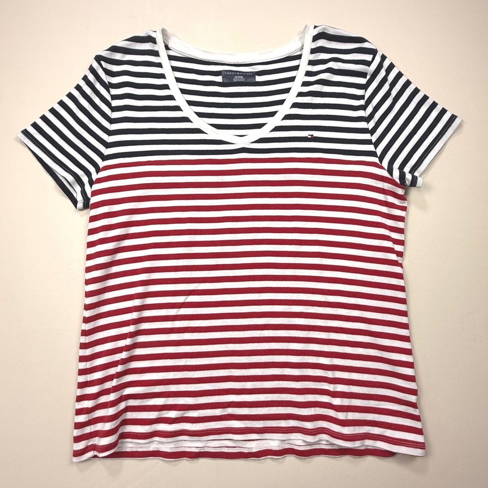 Tommy Hilfiger Womens XL V-Neck Striped T-Shirt Red White Navy Blue Nautical Tee